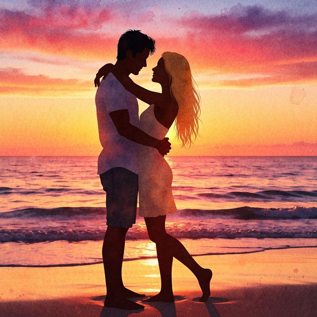 Watercolor silhouette of a romantic couple embracing at sunset